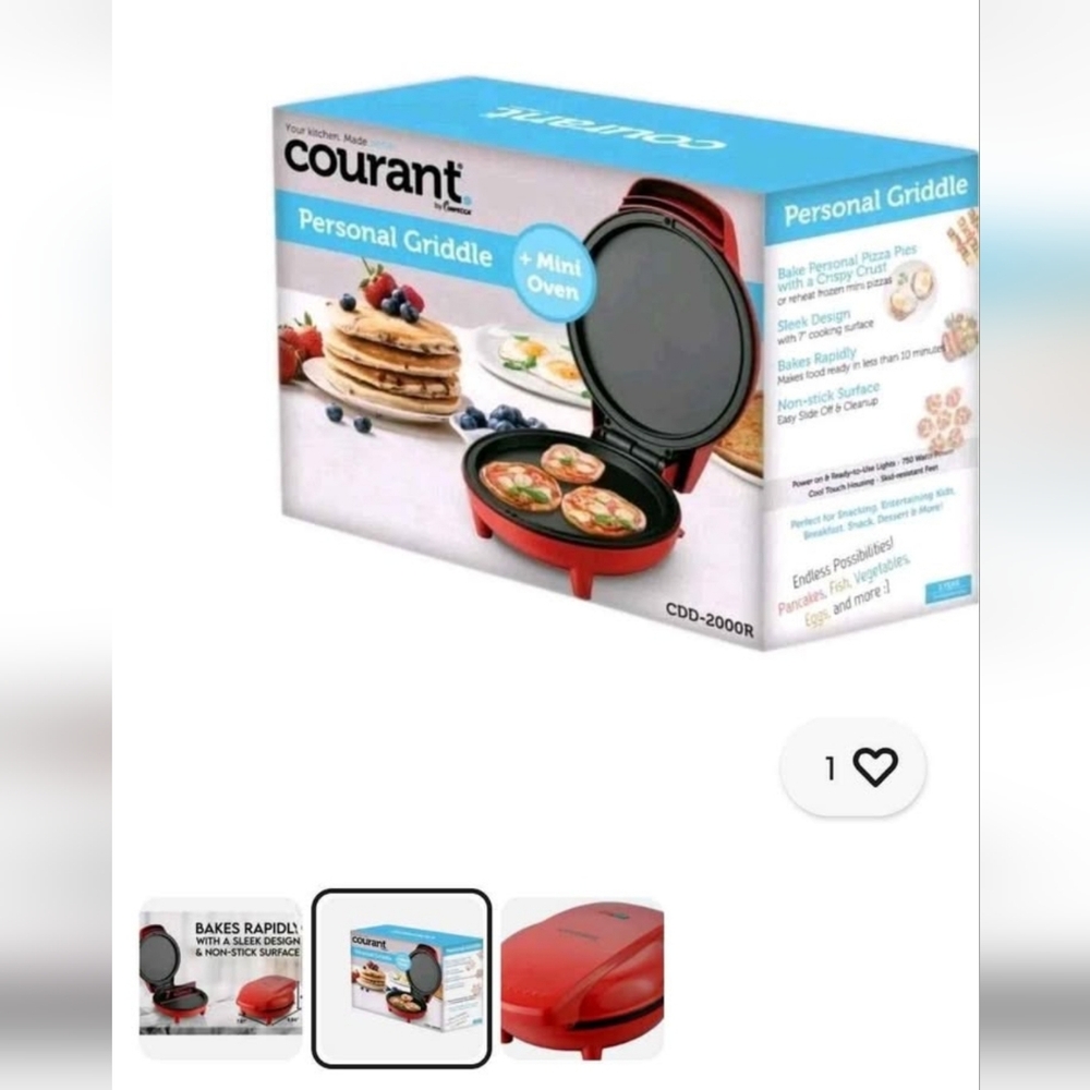 Courant 7-inch Compact Griddle and Mini Oven - Personal Pizza Maker - Red